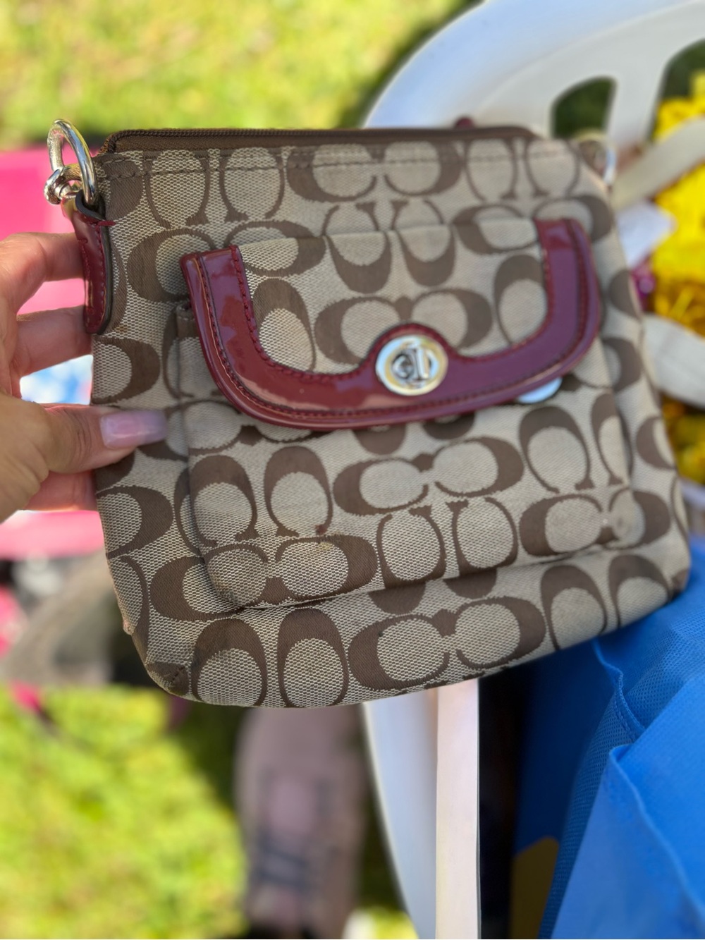 Coach Signature Crossbody with Brown Logo Canvas and Burgundy Trim